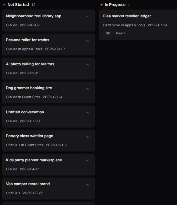 The same board columns in dark mode.