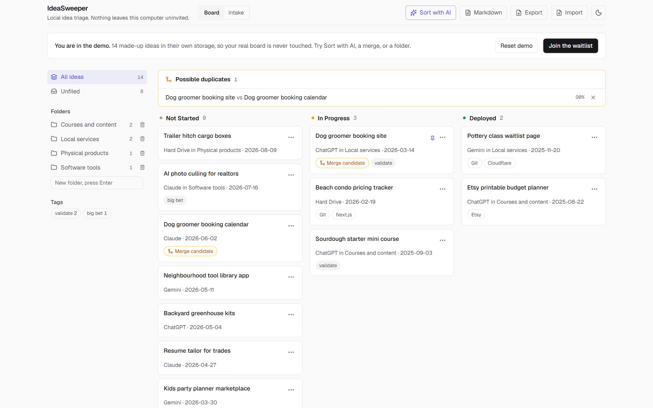 The demo board: idea cards in Not Started, In Progress and Deployed columns, with a folder sidebar and a duplicate flagged at the top.